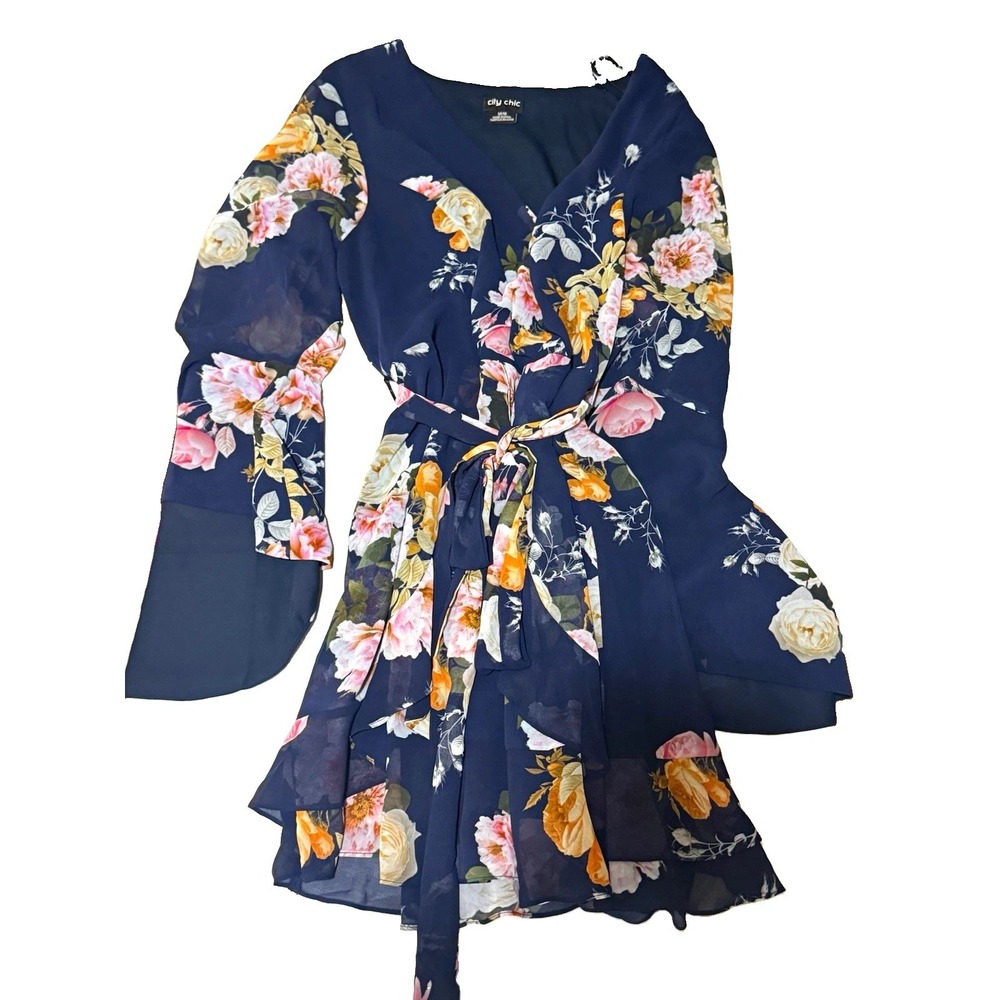 City Chic Women's Size M/18 Navy Floral Wrap Dress Long Sleeve Plus Size
